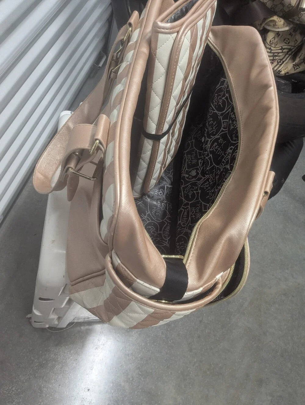 Betsey JOHNSON Rose Gold Quilted Stripe Tote  Diaper Bag with Matching Baby Mat